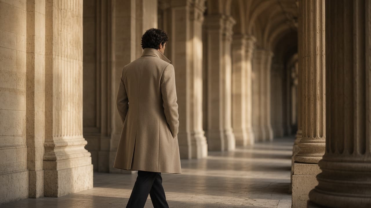 Look editorial SWEET by IS — manteau camel dans une galerie